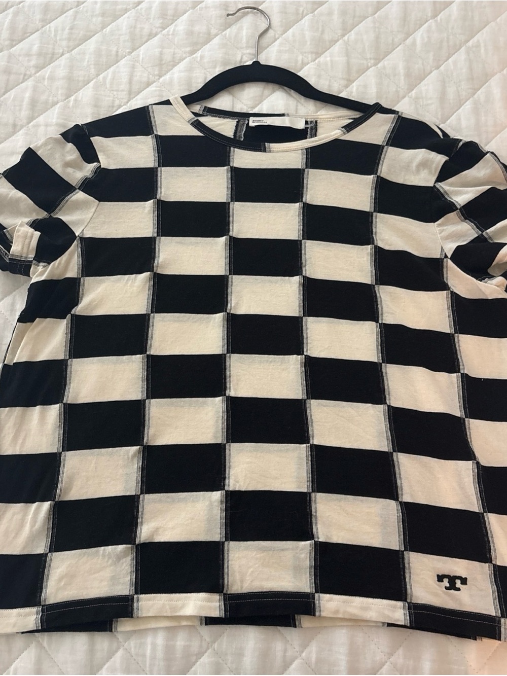 Tory Burch Black and Cream Checkerboard Short Sleeve Tee